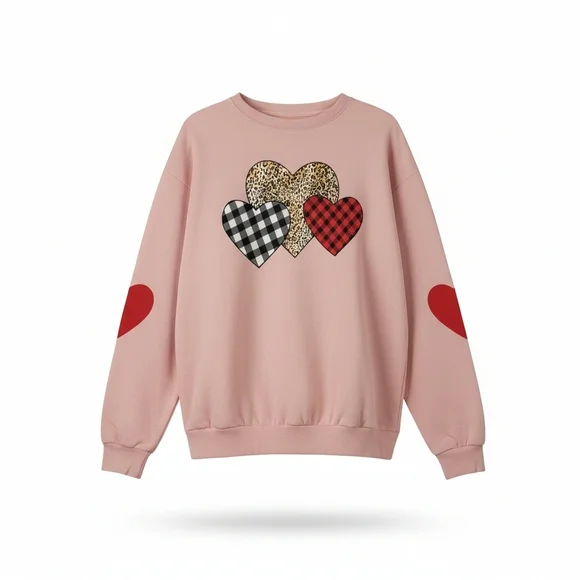 Womens Pink Long Sleeve Plaid Love Heart Valentine's Sweatshirts - NWOT - Picture 2 of 3